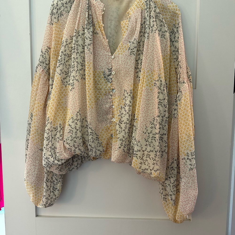 Floral Button-Up Blouse - Pink, Yellow, Black